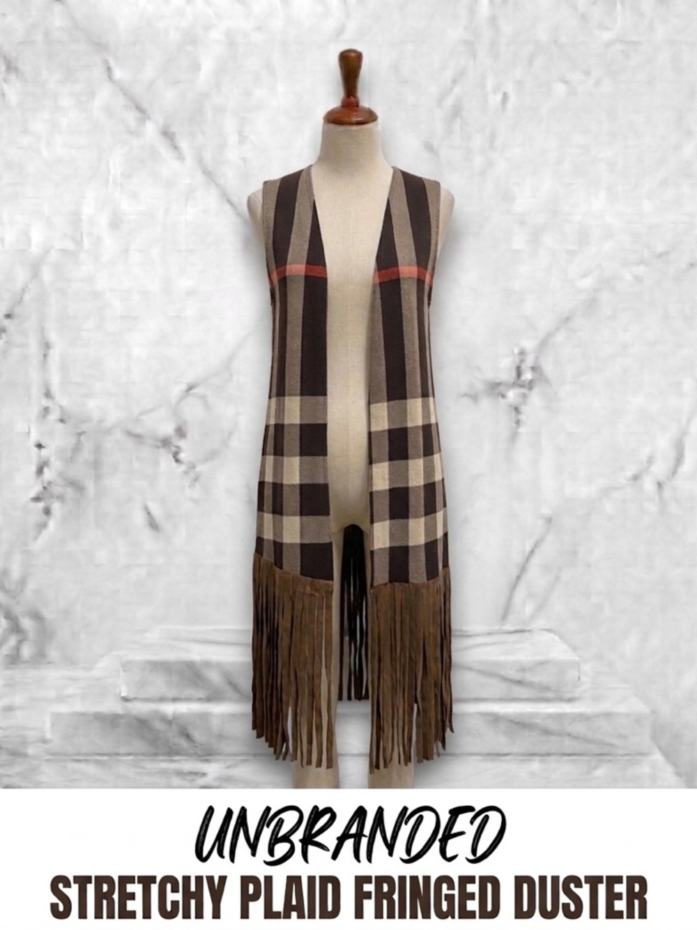 Lightweight and stretchy Plaid Fringe Vest in Brown and Cream NWOT Size S
